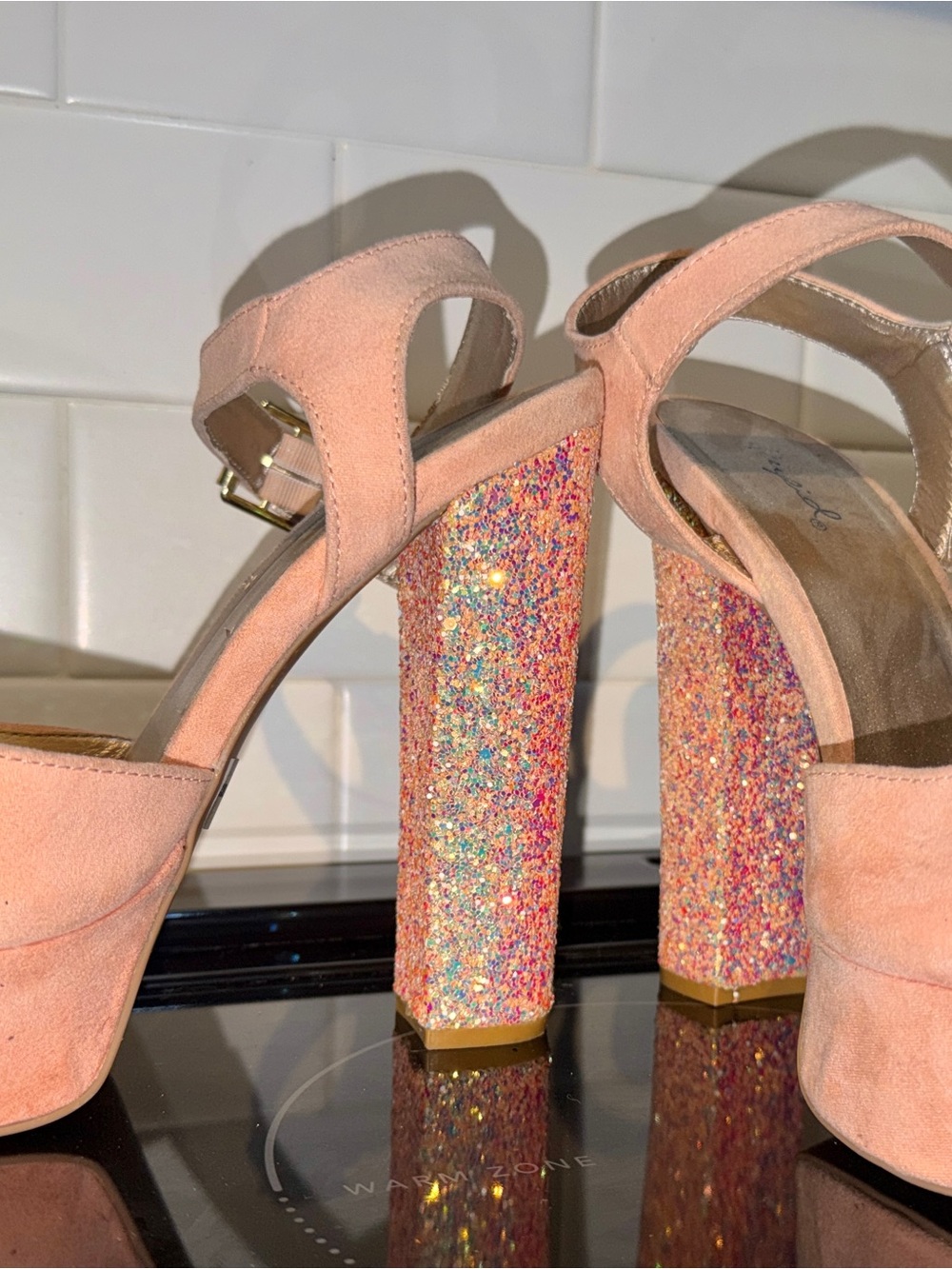 Blush Pink Suede Glitter Chunky Heel